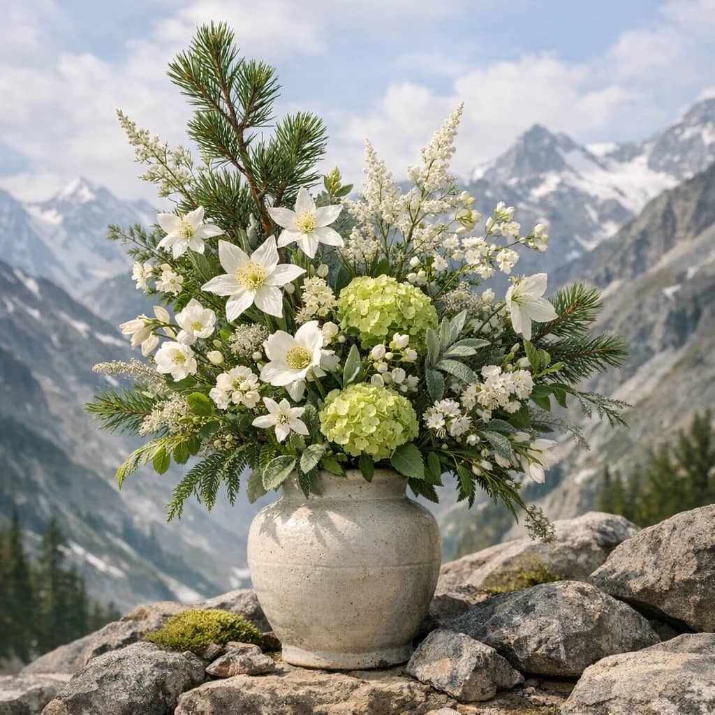International Mountain Day floral calendar still life with seasonal wildflowers, green hydrangea, textural foliage