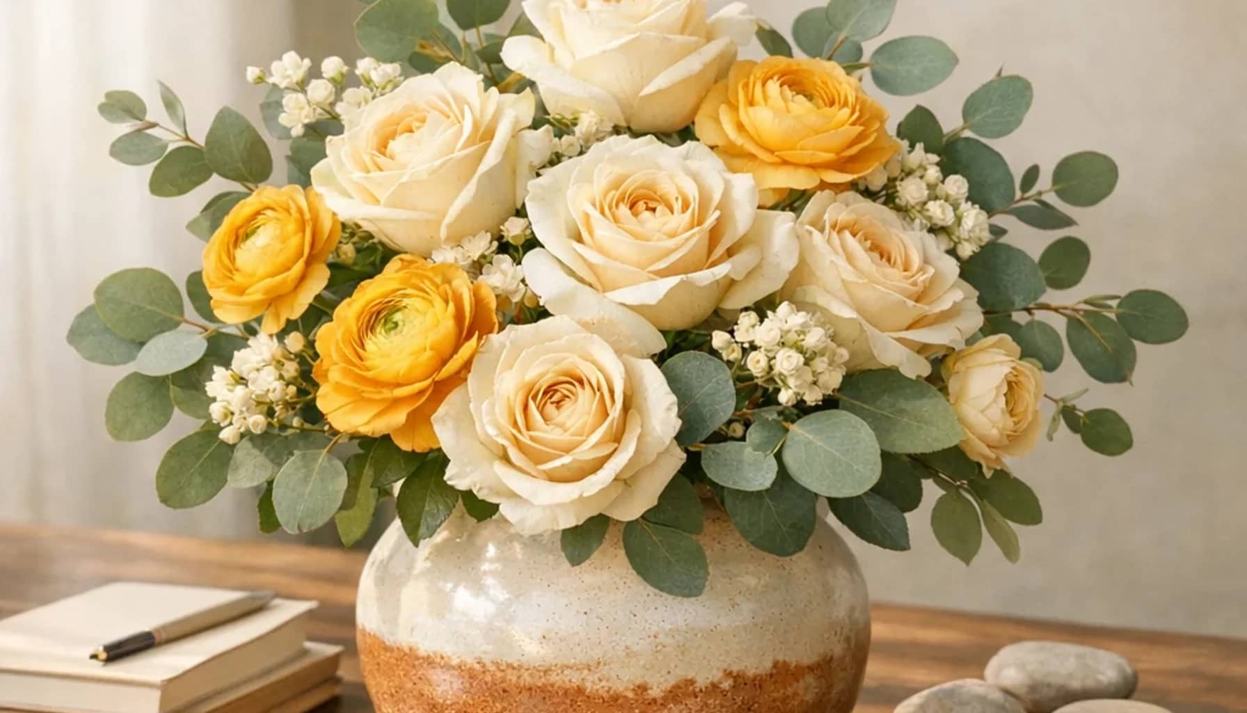 International Volunteer Day flower arrangement with cream roses, yellow ranunculus, eucalyptus designed as a respectful service and recognition floral guide