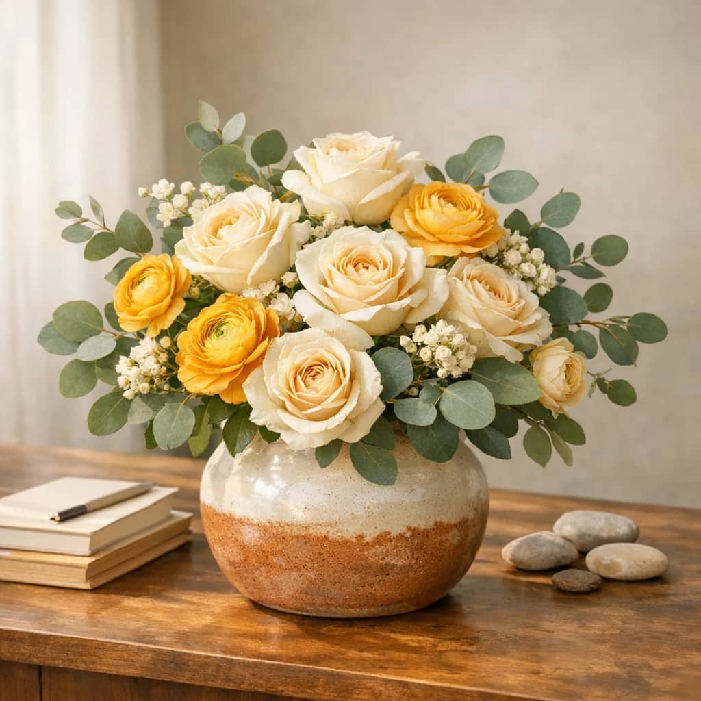 International Volunteer Day floral calendar still life with cream roses, yellow ranunculus, eucalyptus