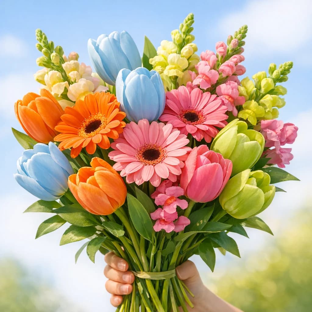 International Youth Day floral calendar still life with gerbera daisies, tulips, snapdragons