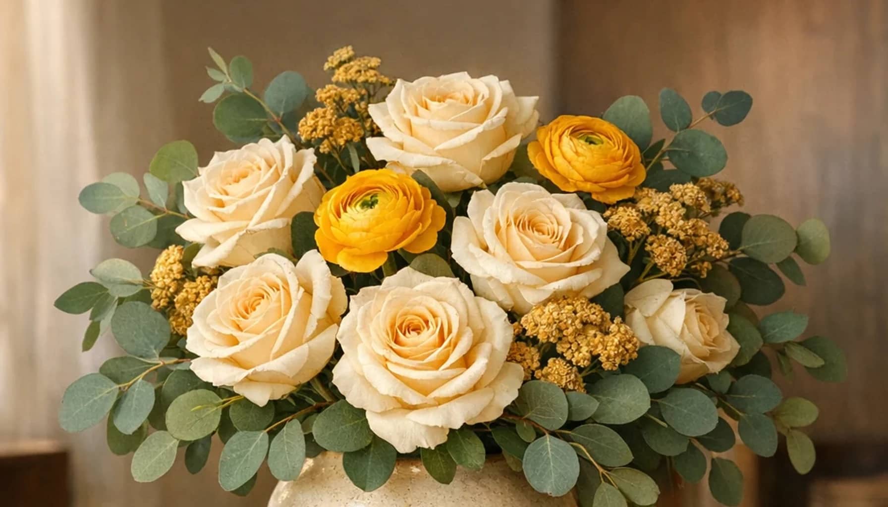 Nelson Mandela International Day flower arrangement with cream roses, yellow ranunculus, eucalyptus designed as a respectful service and recognition floral guide
