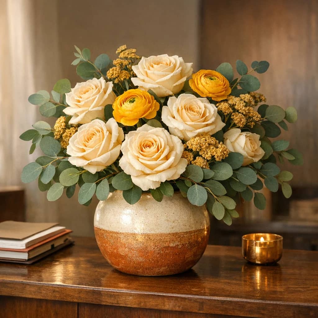 Nelson Mandela International Day floral calendar still life with cream roses, yellow ranunculus, eucalyptus