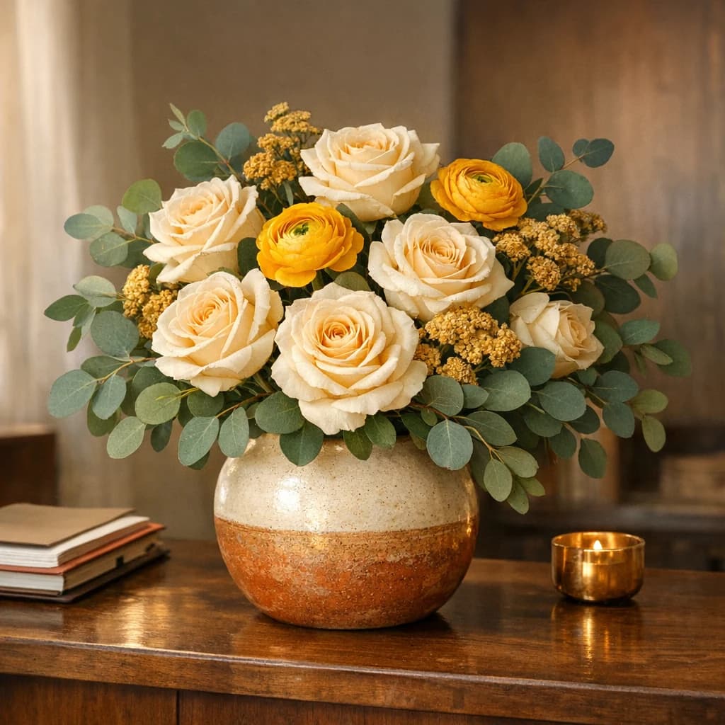 Nelson Mandela International Day floral calendar still life with cream roses, yellow ranunculus, eucalyptus