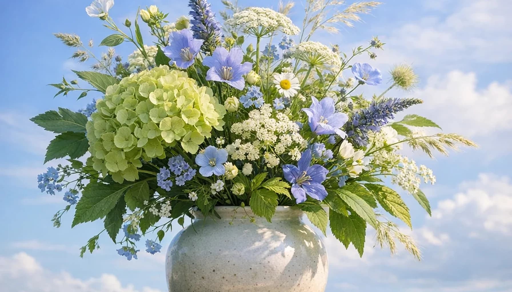 International Day for the Preservation of the Ozone Layer flower guide banner featuring seasonal wildflowers, green hydrangea, textural foliage in leaf, moss, sky, clay tones