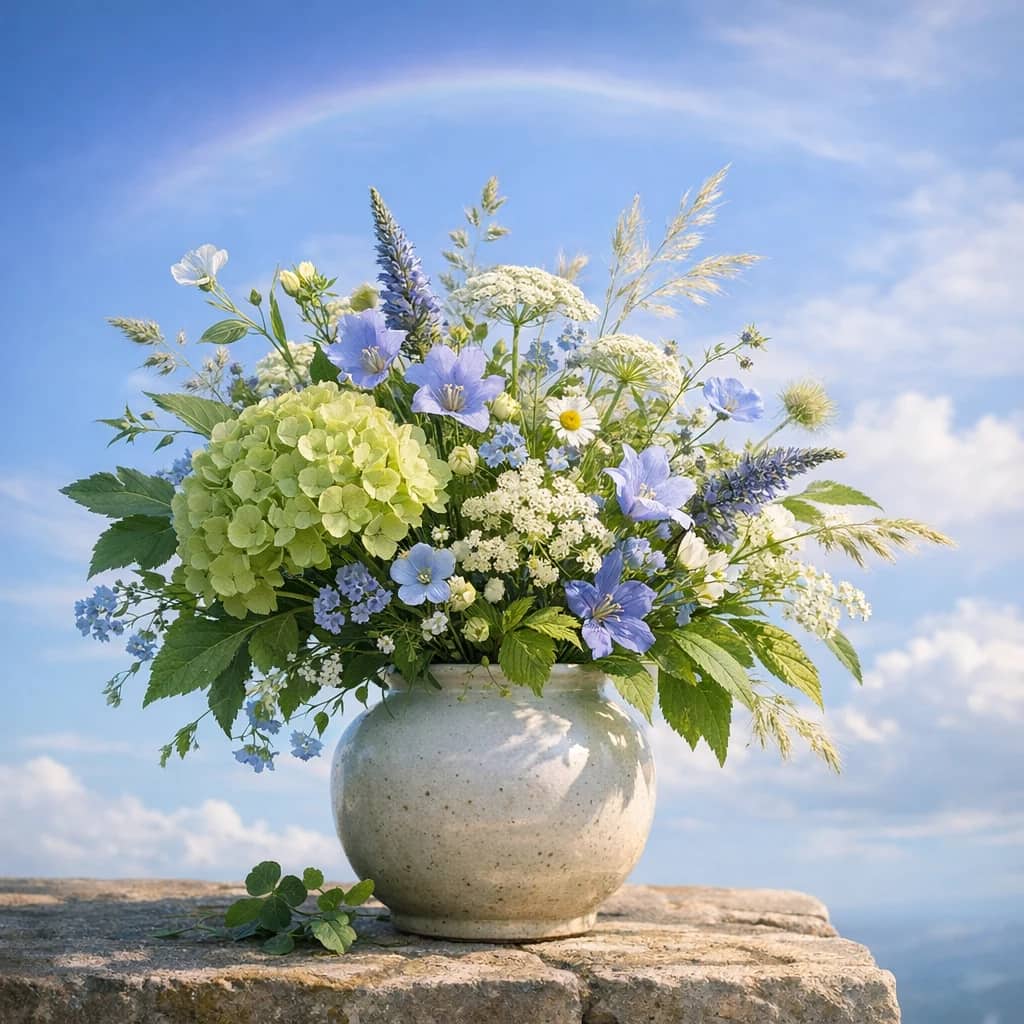 International Day for the Preservation of the Ozone Layer floral calendar still life with seasonal wildflowers, green hydrangea, textural foliage