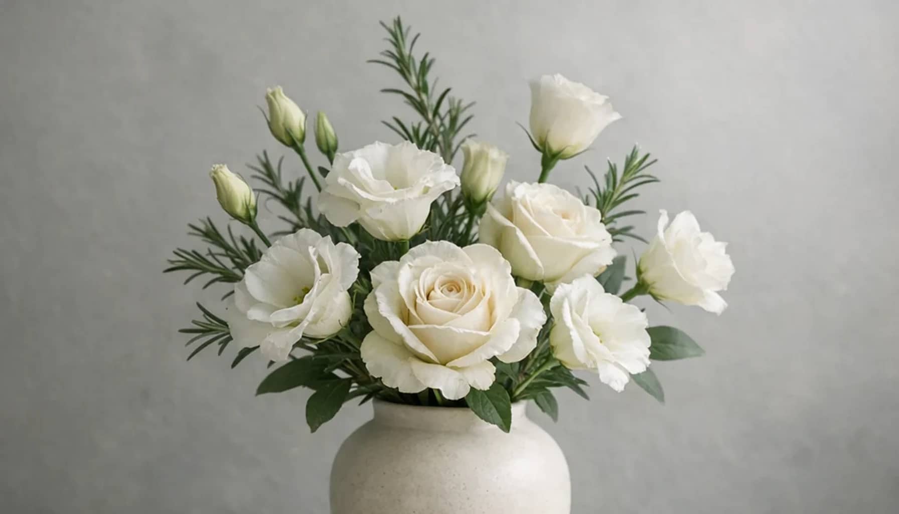 International Day for the Remembrance of the Slave Trade and Its Abolition flower arrangement with white lisianthus, ivory roses, rosemary designed as a respectful remembrance and reflection floral guide