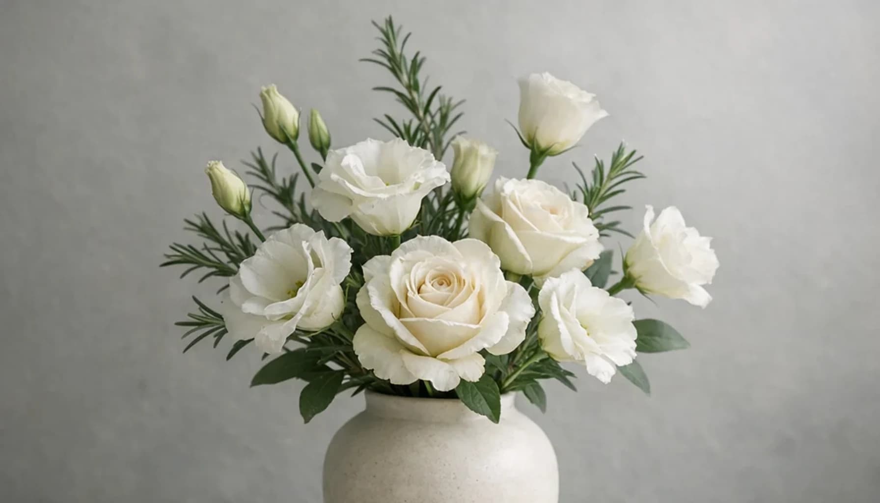 International Day for the Remembrance of the Slave Trade and Its Abolition flower guide banner featuring white lisianthus, ivory roses, rosemary in ivory, mist, rosemary, charcoal tones