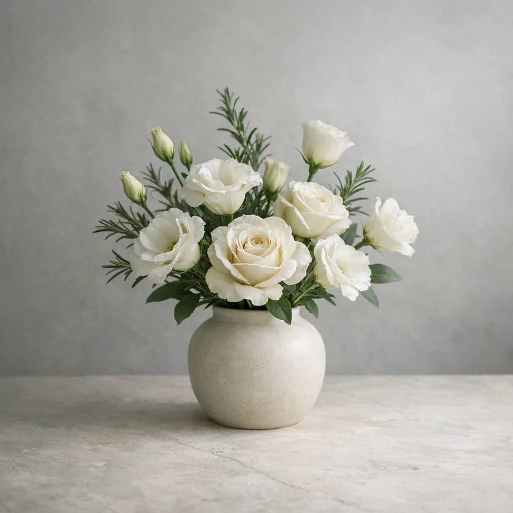 International Day for the Remembrance of the Slave Trade and Its Abolition floral calendar still life with white lisianthus, ivory roses, rosemary