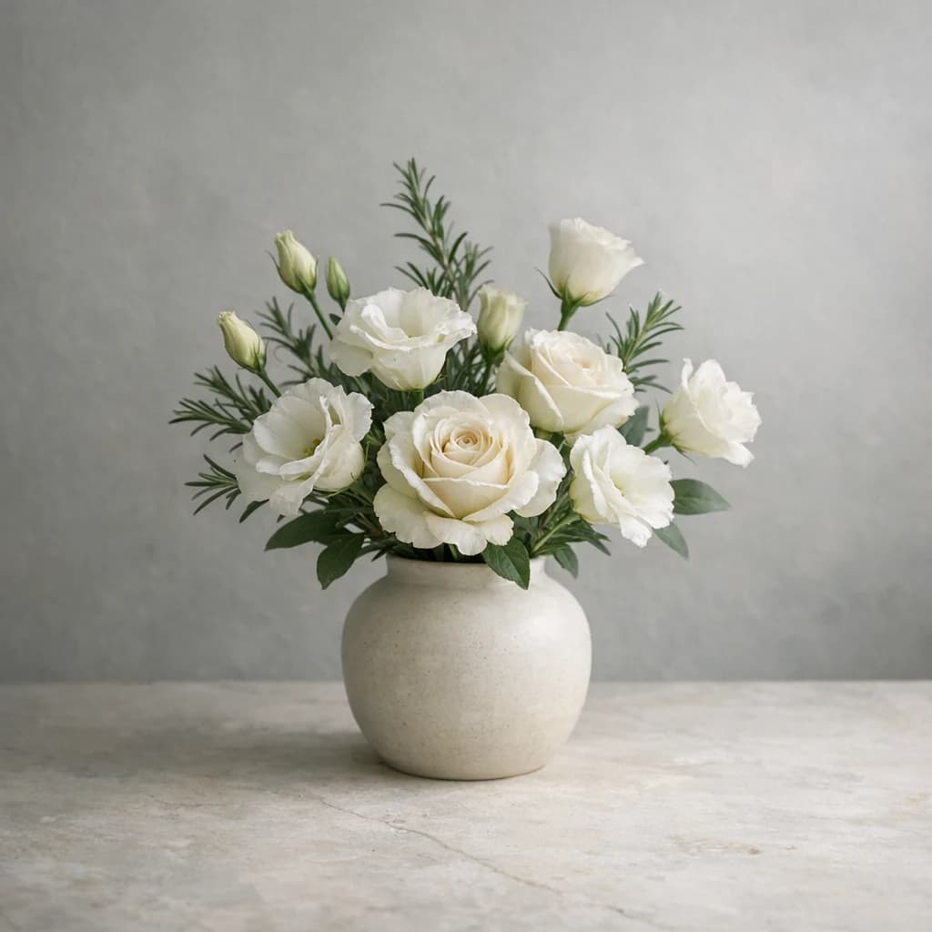 International Day for the Remembrance of the Slave Trade and Its Abolition floral calendar still life with white lisianthus, ivory roses, rosemary