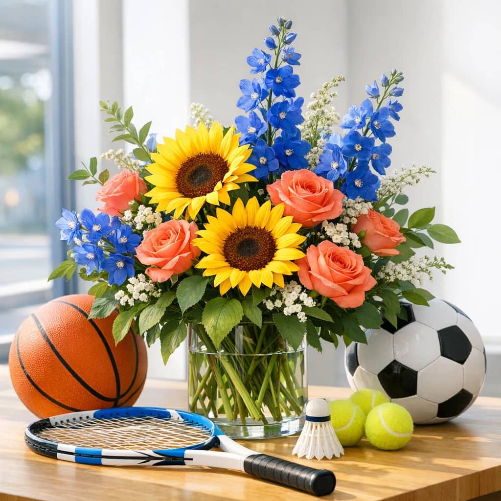 International Day of Sport for Development and Peace floral calendar still life with sunflowers, coral roses, blue delphinium
