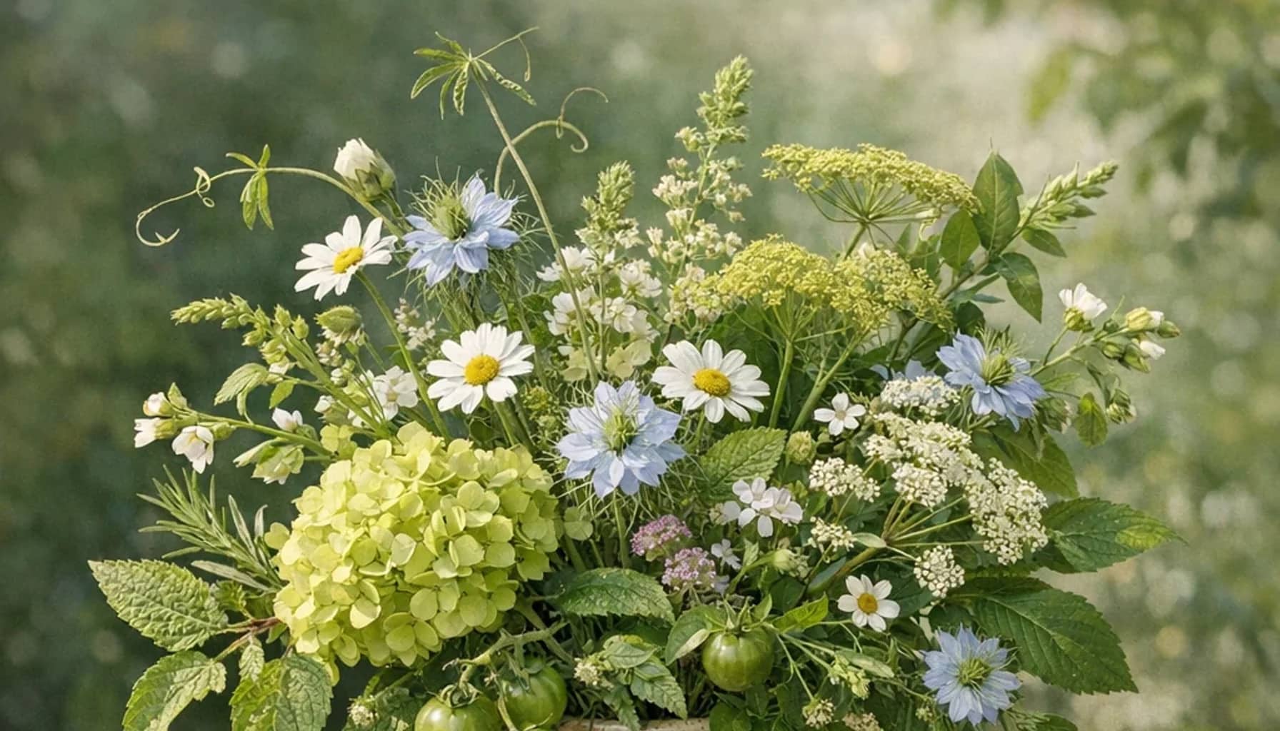 Sustainable Gastronomy Day flower arrangement with seasonal wildflowers, green hydrangea, textural foliage designed as a respectful nature and sustainability floral guide