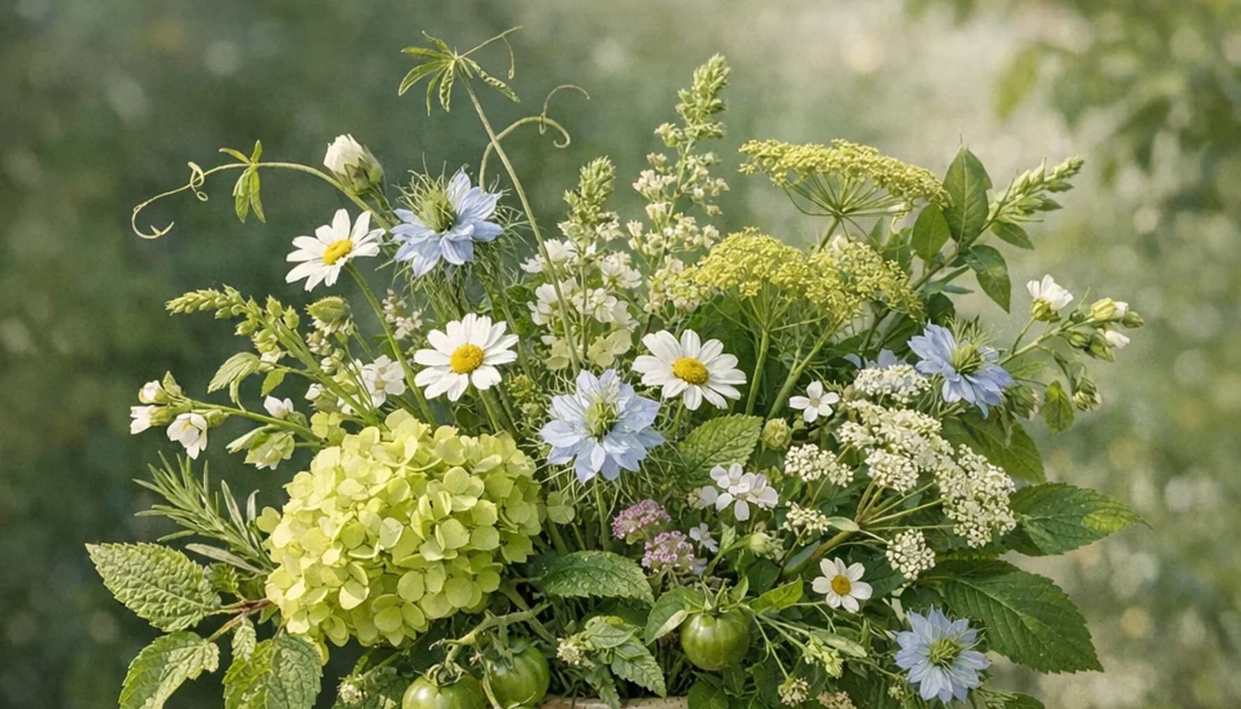 Sustainable Gastronomy Day flower guide banner featuring seasonal wildflowers, green hydrangea, textural foliage in leaf, moss, sky, clay tones