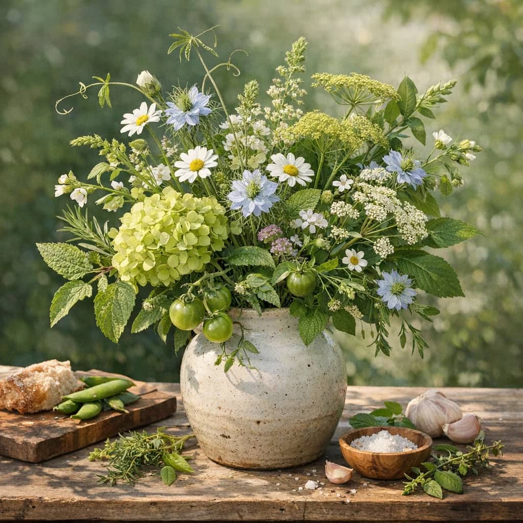 Sustainable Gastronomy Day floral calendar still life with seasonal wildflowers, green hydrangea, textural foliage
