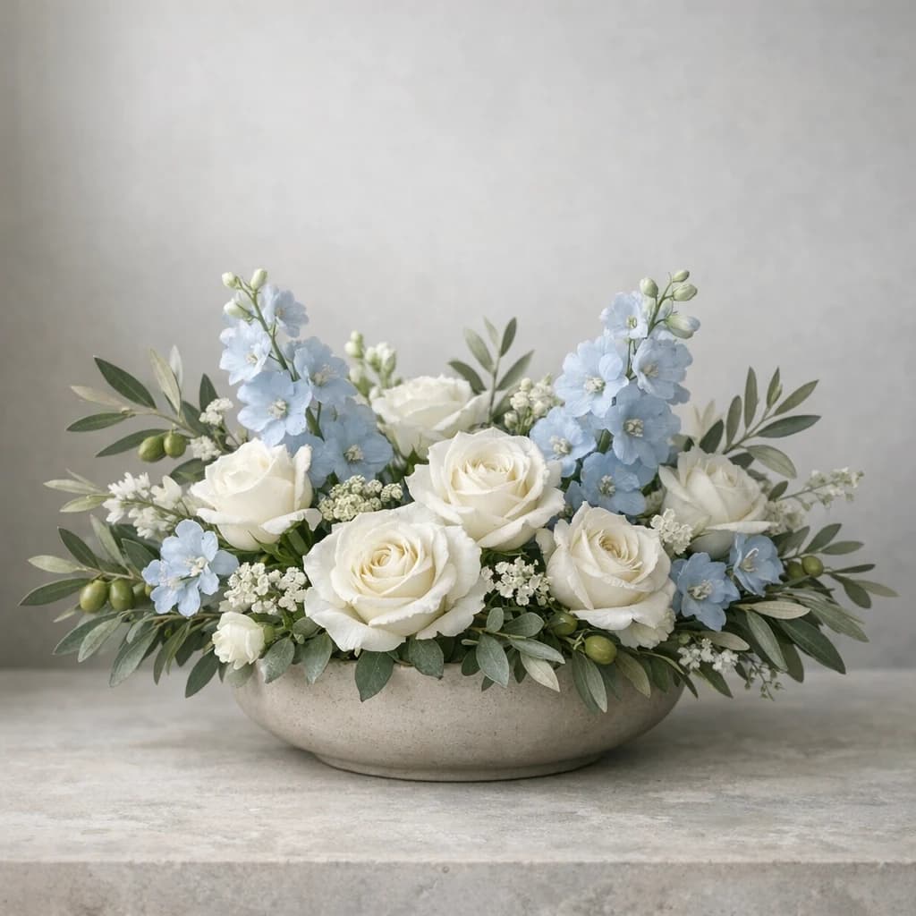United Nations Day floral calendar still life with white roses, olive branches, pale blue delphinium