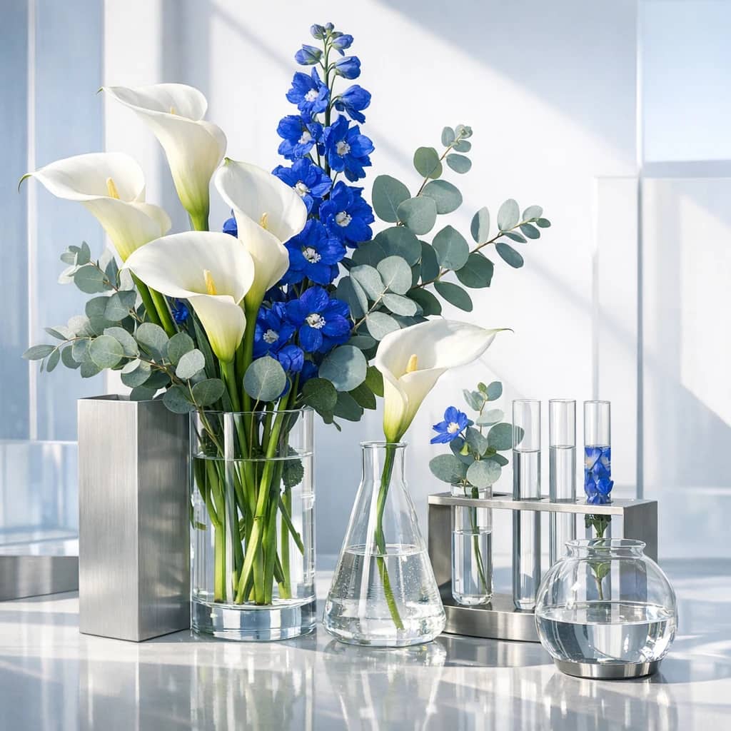 International Day of Women and Girls in Science floral calendar still life with white calla lilies, blue delphinium, silver eucalyptus