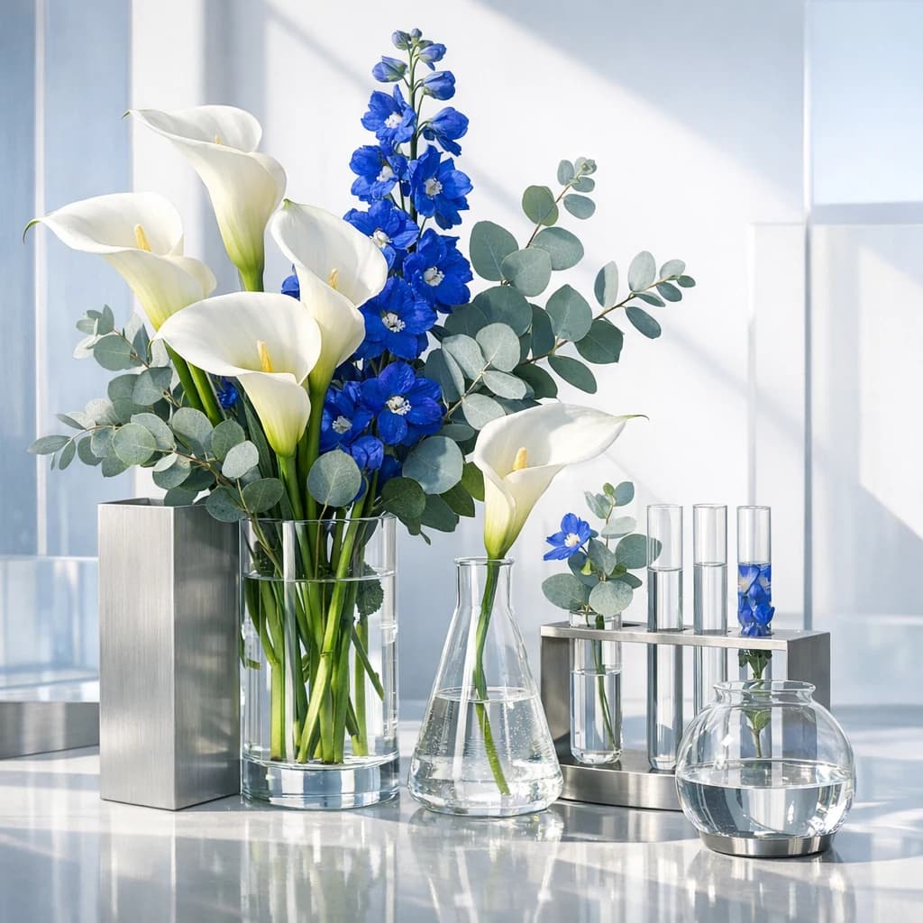 International Day of Women and Girls in Science floral calendar still life with white calla lilies, blue delphinium, silver eucalyptus