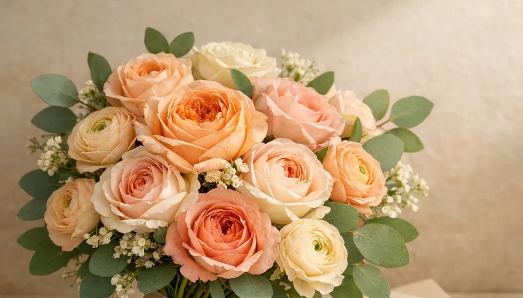 International Day of Women and Girls of African Descent flower guide banner featuring garden roses, ranunculus, eucalyptus in peach, blush, cream, leaf tones