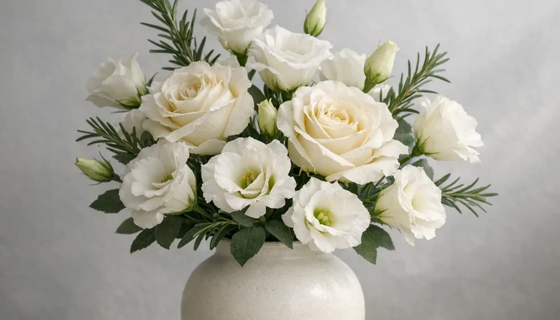 World AIDS Day flower guide banner featuring white lisianthus, ivory roses, rosemary in ivory, mist, rosemary, charcoal tones