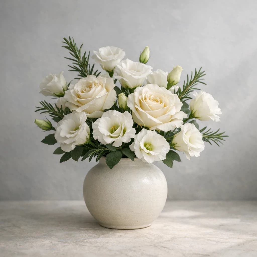 World AIDS Day floral calendar still life with white lisianthus, ivory roses, rosemary