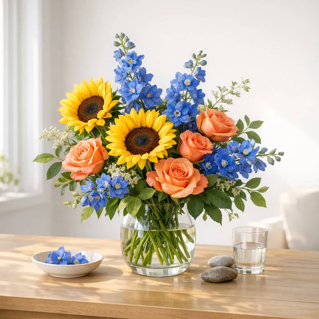 World Autism Awareness Day floral calendar still life with sunflowers, coral roses, blue delphinium