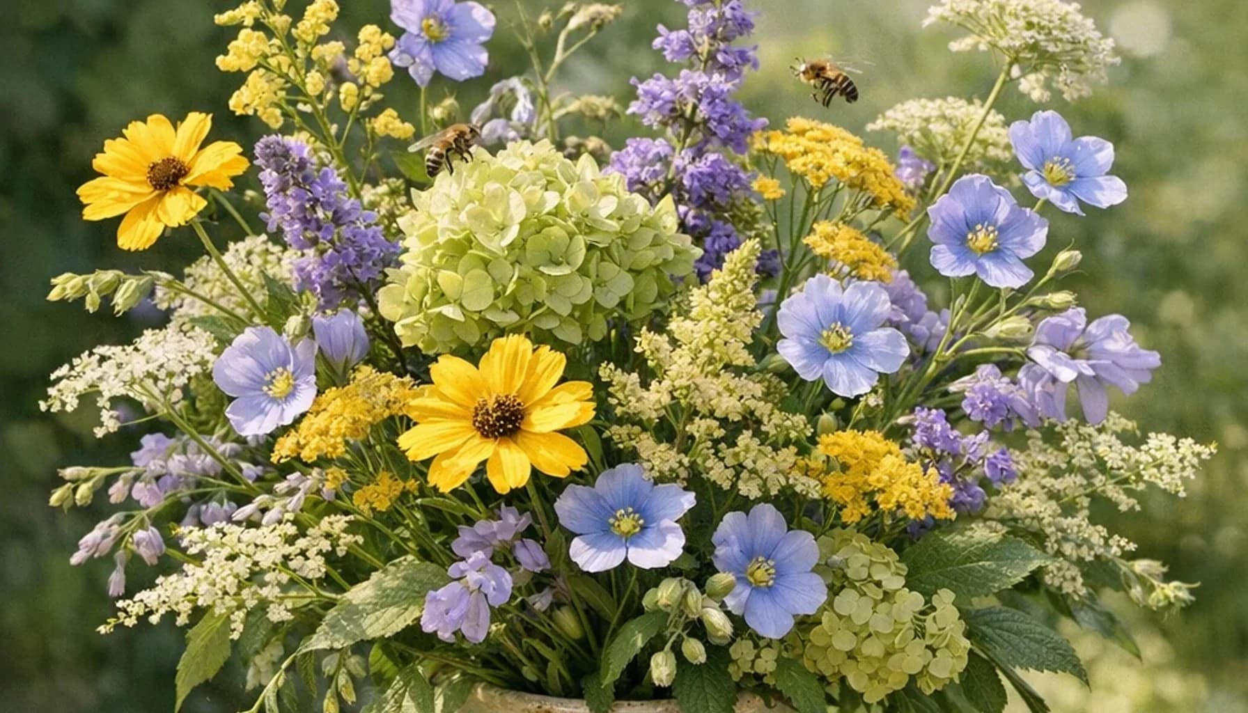 World Bee Day flower guide banner featuring seasonal wildflowers, green hydrangea, textural foliage in leaf, moss, sky, clay tones