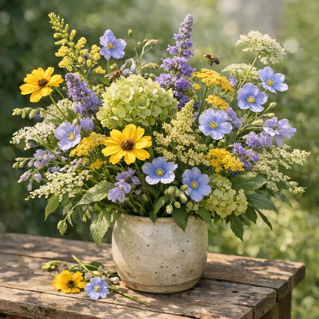 World Bee Day floral calendar still life with seasonal wildflowers, green hydrangea, textural foliage