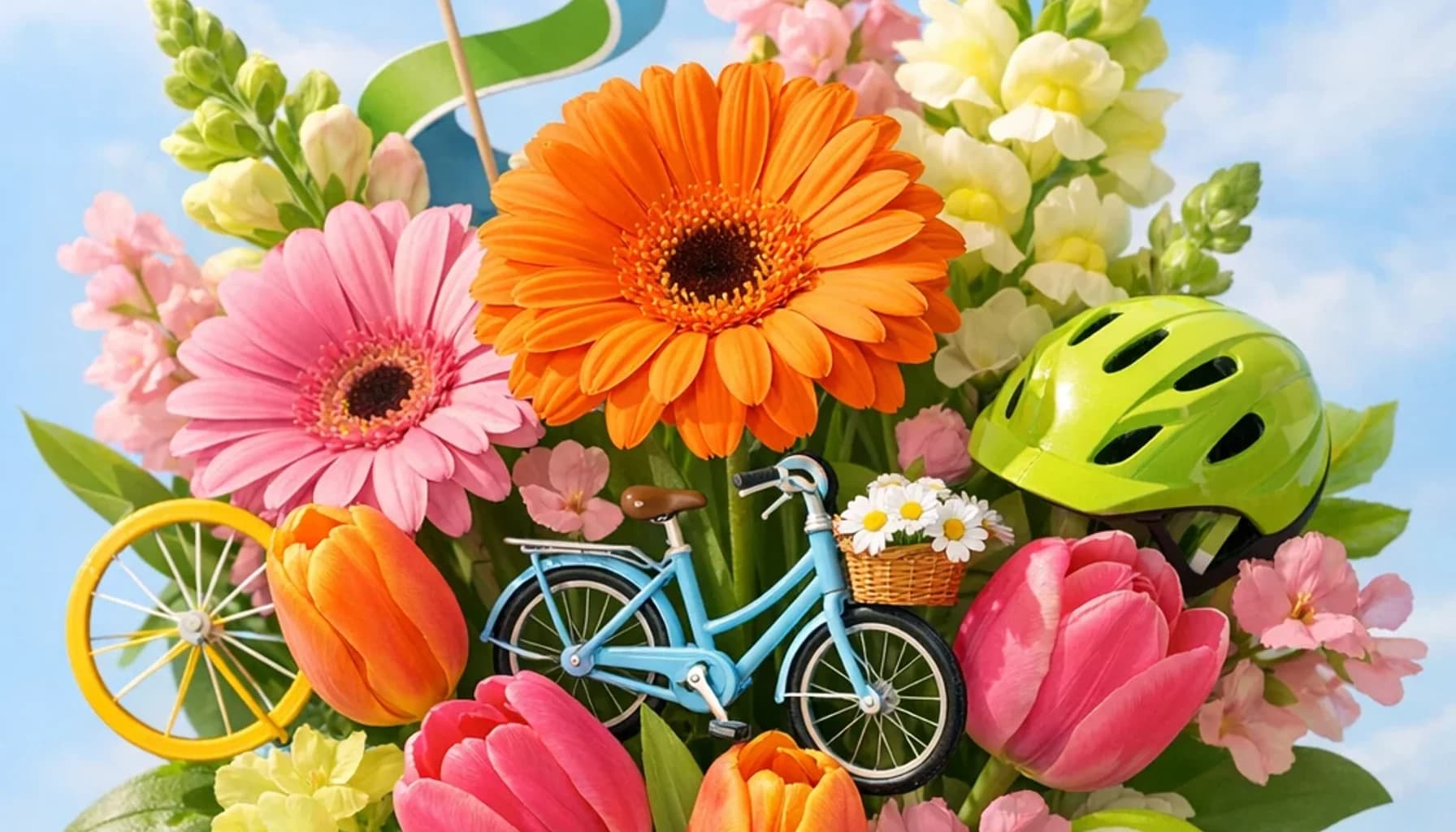 World Bicycle Day flower guide banner featuring gerbera daisies, tulips, snapdragons in tangerine, pink, sky, lime tones