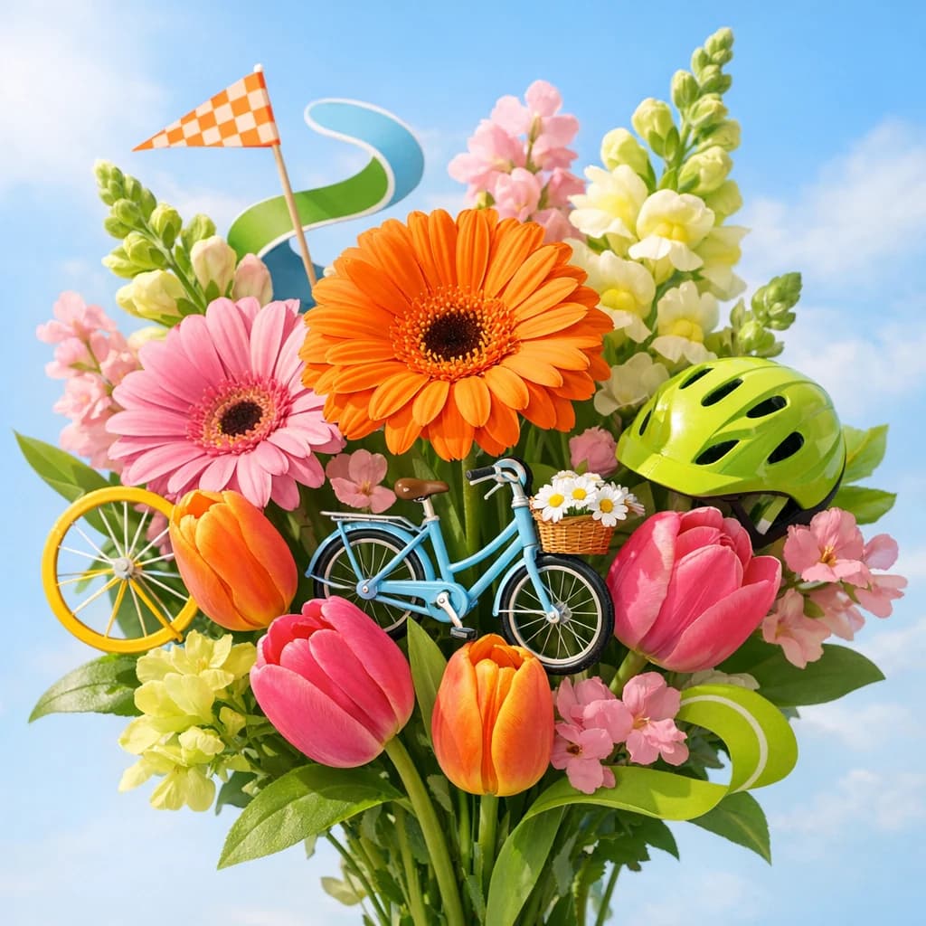 World Bicycle Day floral calendar still life with gerbera daisies, tulips, snapdragons