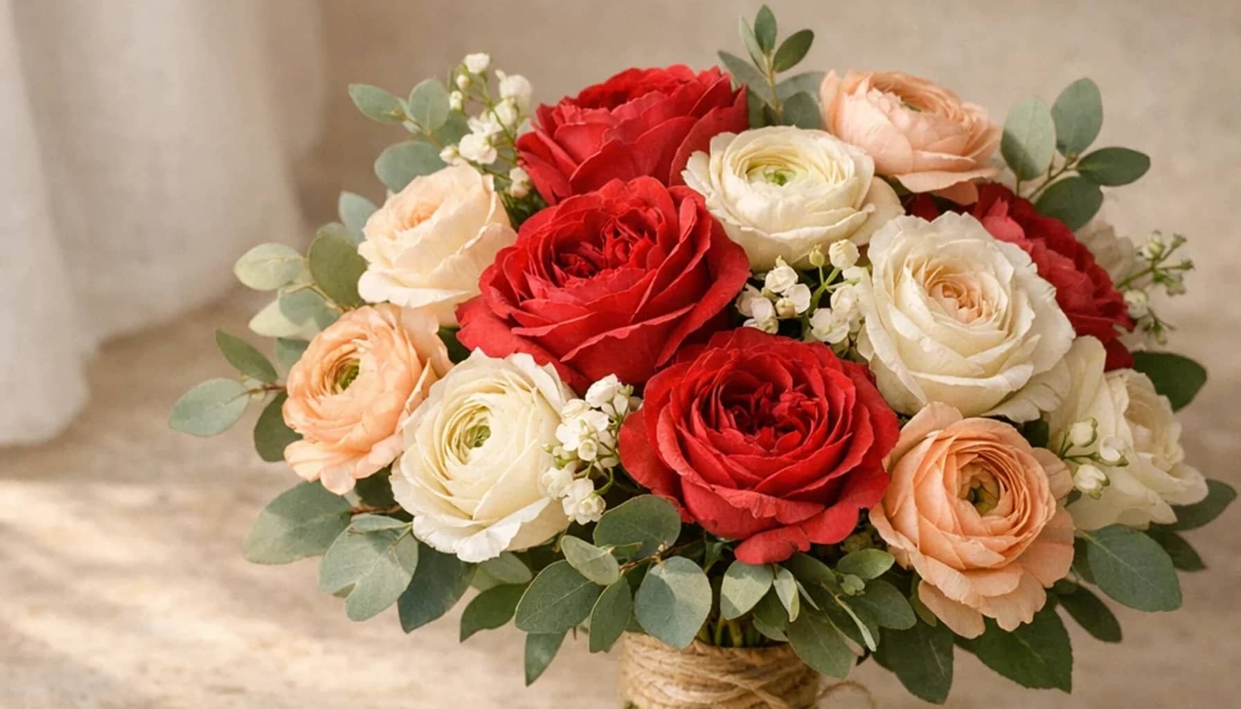World Blood Donor Day flower arrangement with garden roses, ranunculus, eucalyptus designed as a respectful appreciation floral guide