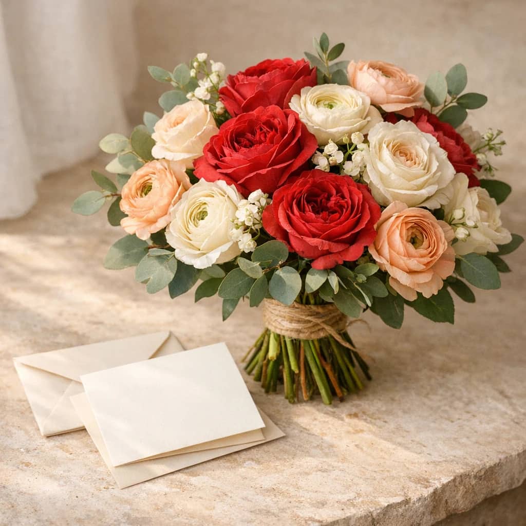 World Blood Donor Day floral calendar still life with garden roses, ranunculus, eucalyptus