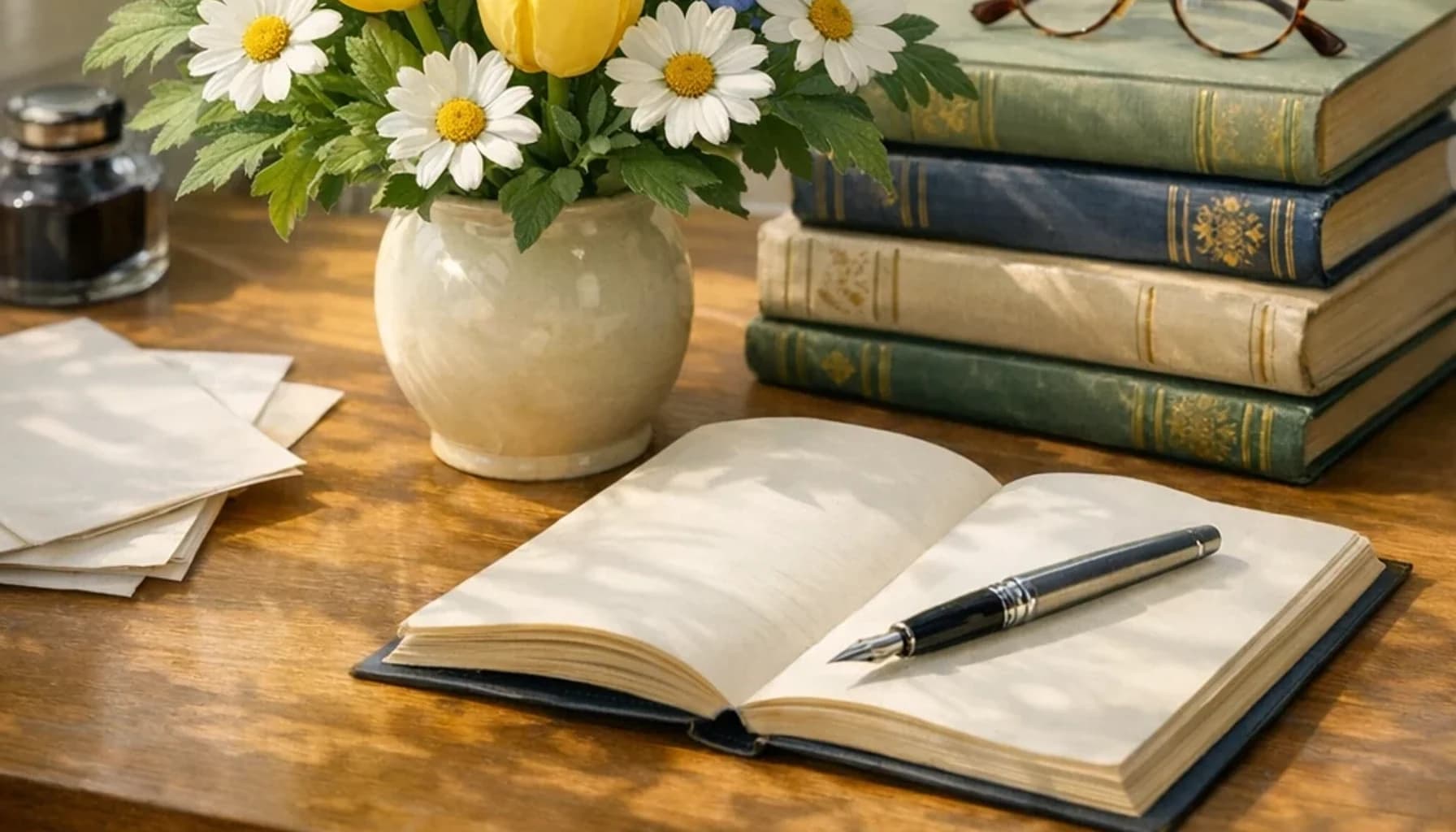 World Book and Copyright Day flower guide banner featuring yellow tulips, white daisies, blue delphinium in notebook yellow, paper, ink blue, sage tones