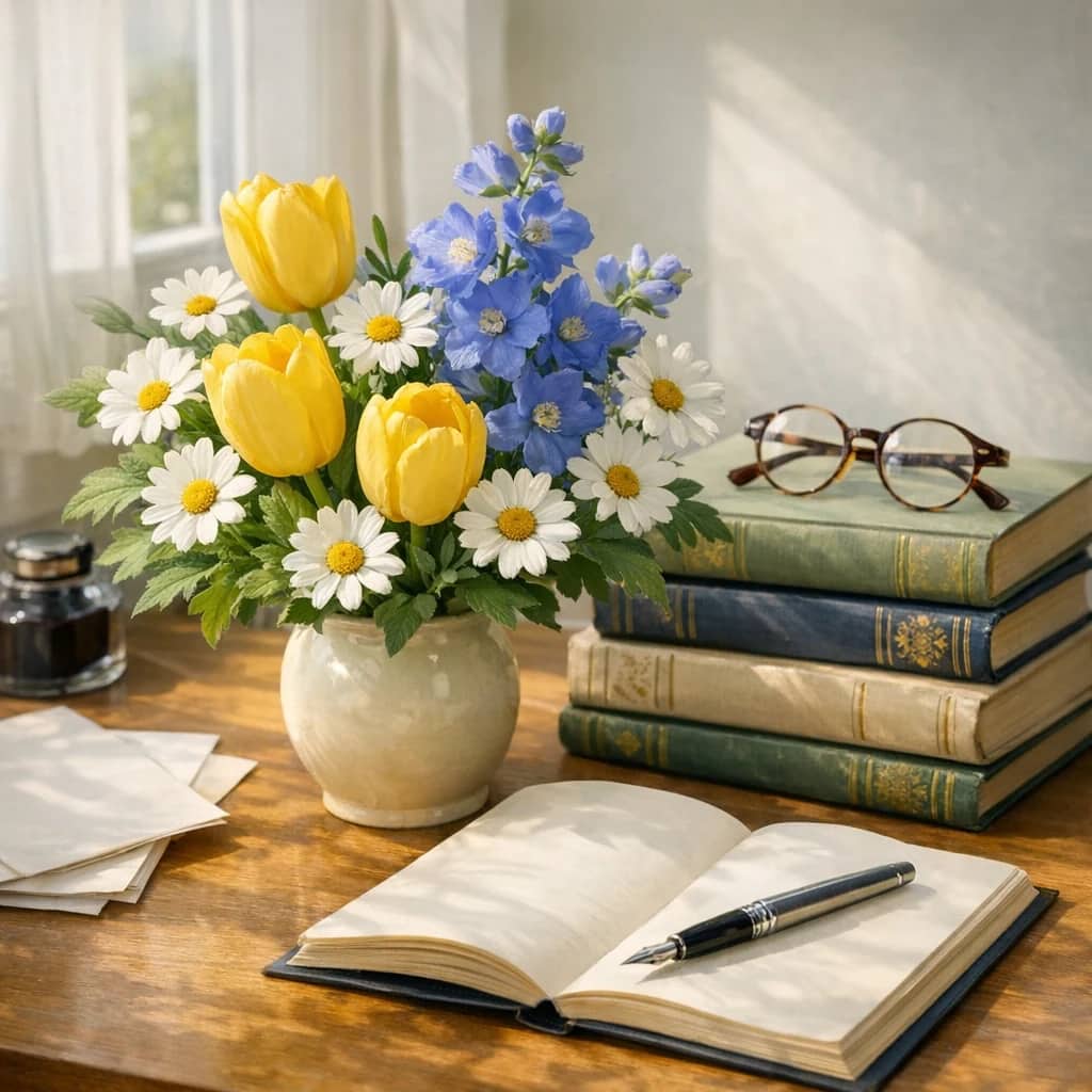 World Book and Copyright Day floral calendar still life with yellow tulips, white daisies, blue delphinium