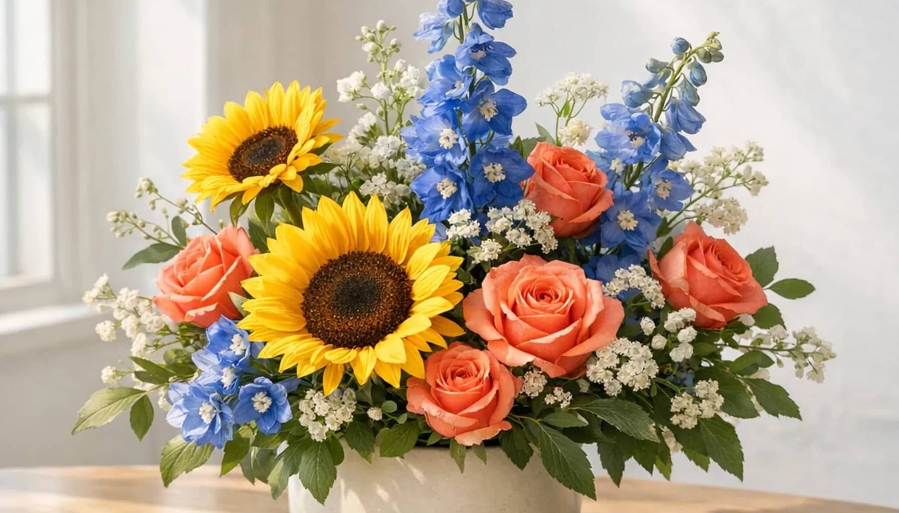 World Braille Day flower arrangement with sunflowers, coral roses, blue delphinium designed as a respectful community floral guide