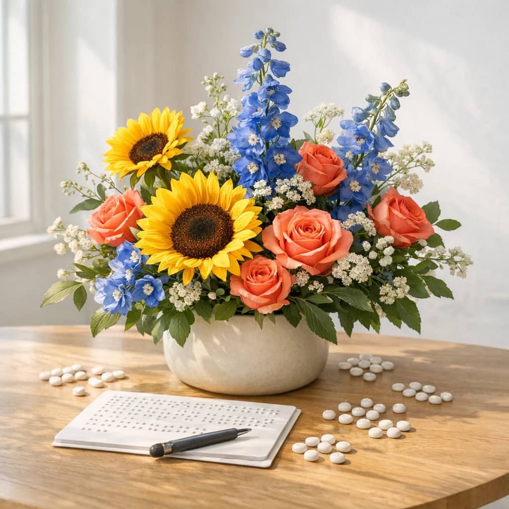 World Braille Day floral calendar still life with sunflowers, coral roses, blue delphinium