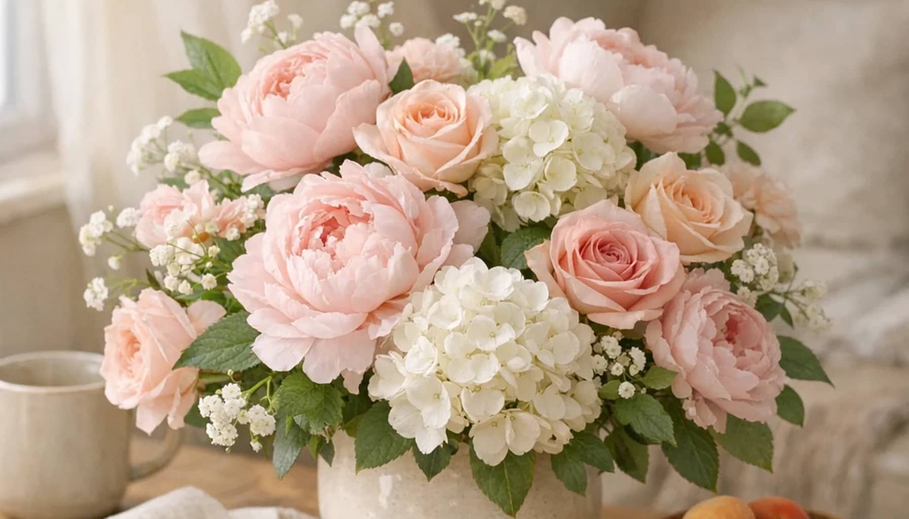World Breastfeeding Week flower arrangement with peonies, pink roses, white hydrangea designed as a respectful family and care floral guide