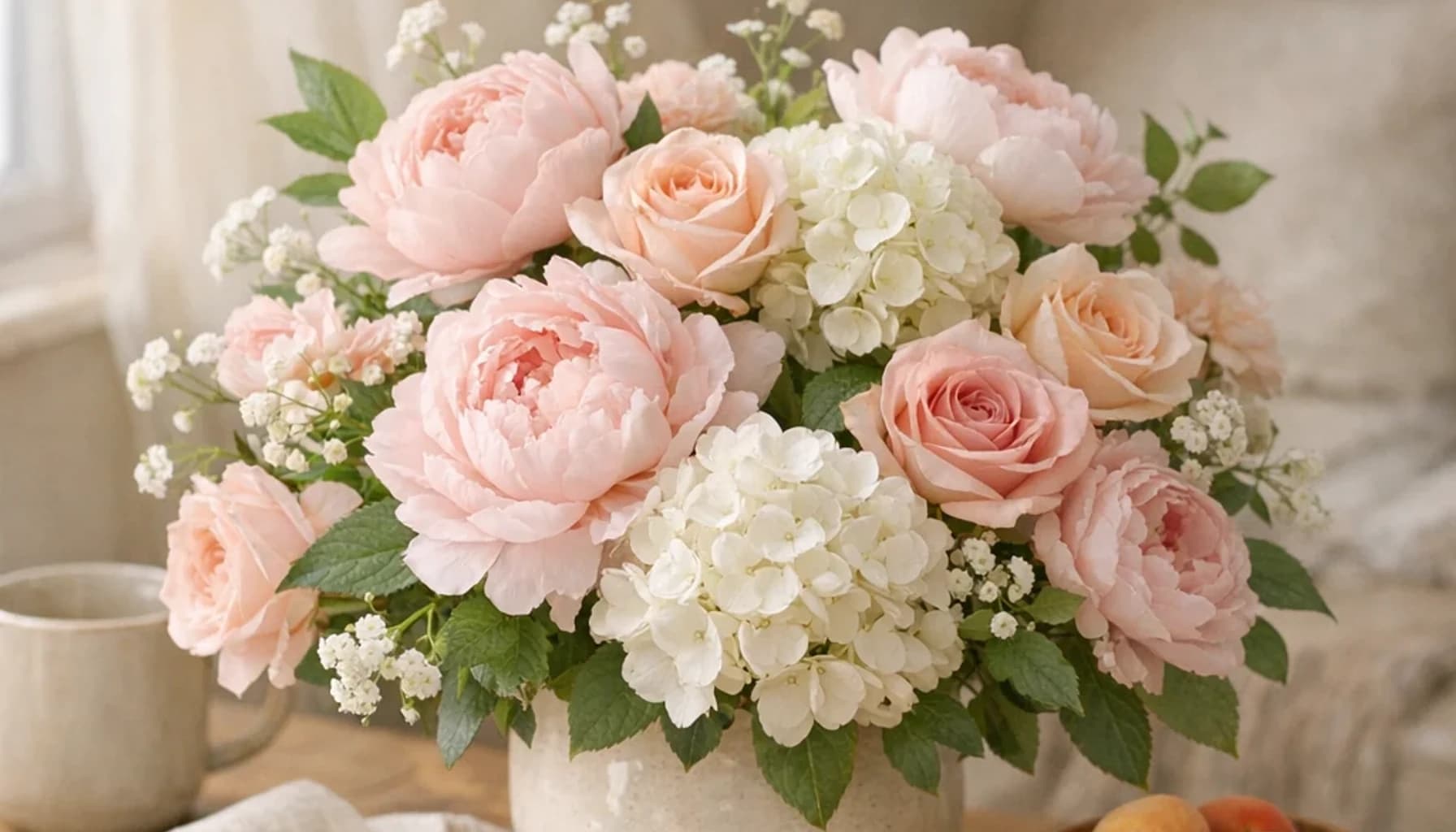 World Breastfeeding Week flower guide banner featuring peonies, pink roses, white hydrangea in petal pink, apricot, milk, soft green tones