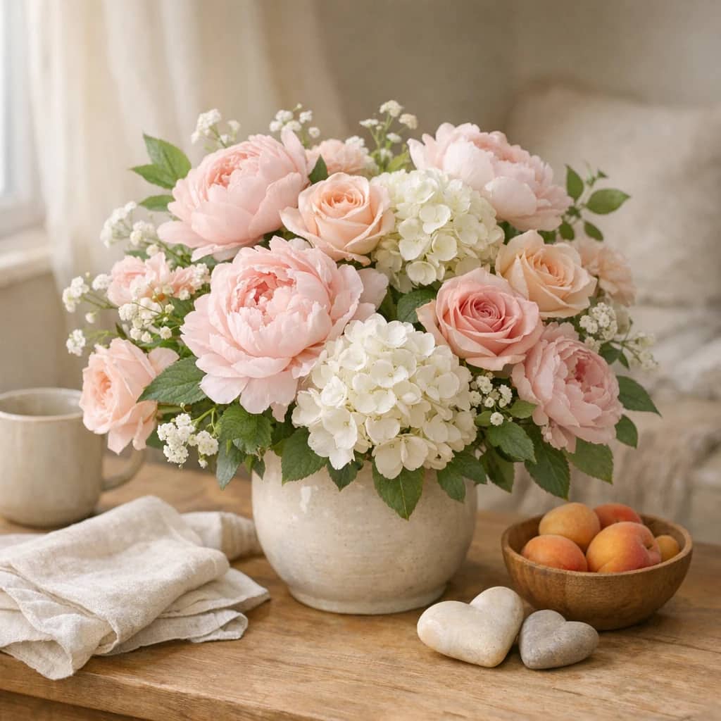 World Breastfeeding Week floral calendar still life with peonies, pink roses, white hydrangea
