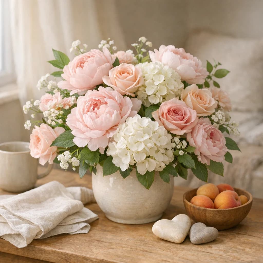 World Breastfeeding Week floral calendar still life with peonies, pink roses, white hydrangea