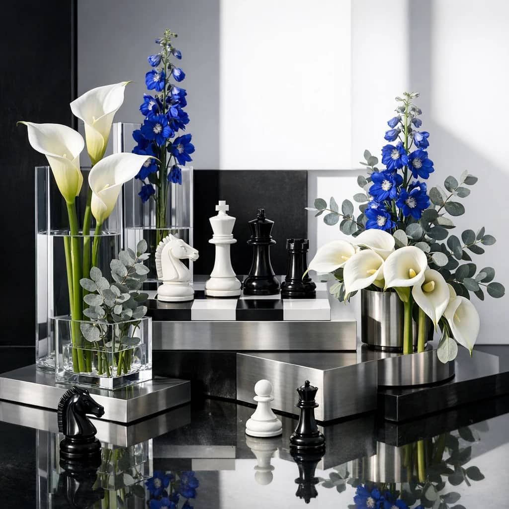 World Chess Day floral calendar still life with white calla lilies, blue delphinium, silver eucalyptus