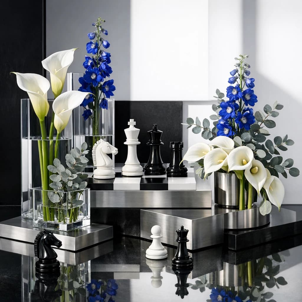 World Chess Day floral calendar still life with white calla lilies, blue delphinium, silver eucalyptus