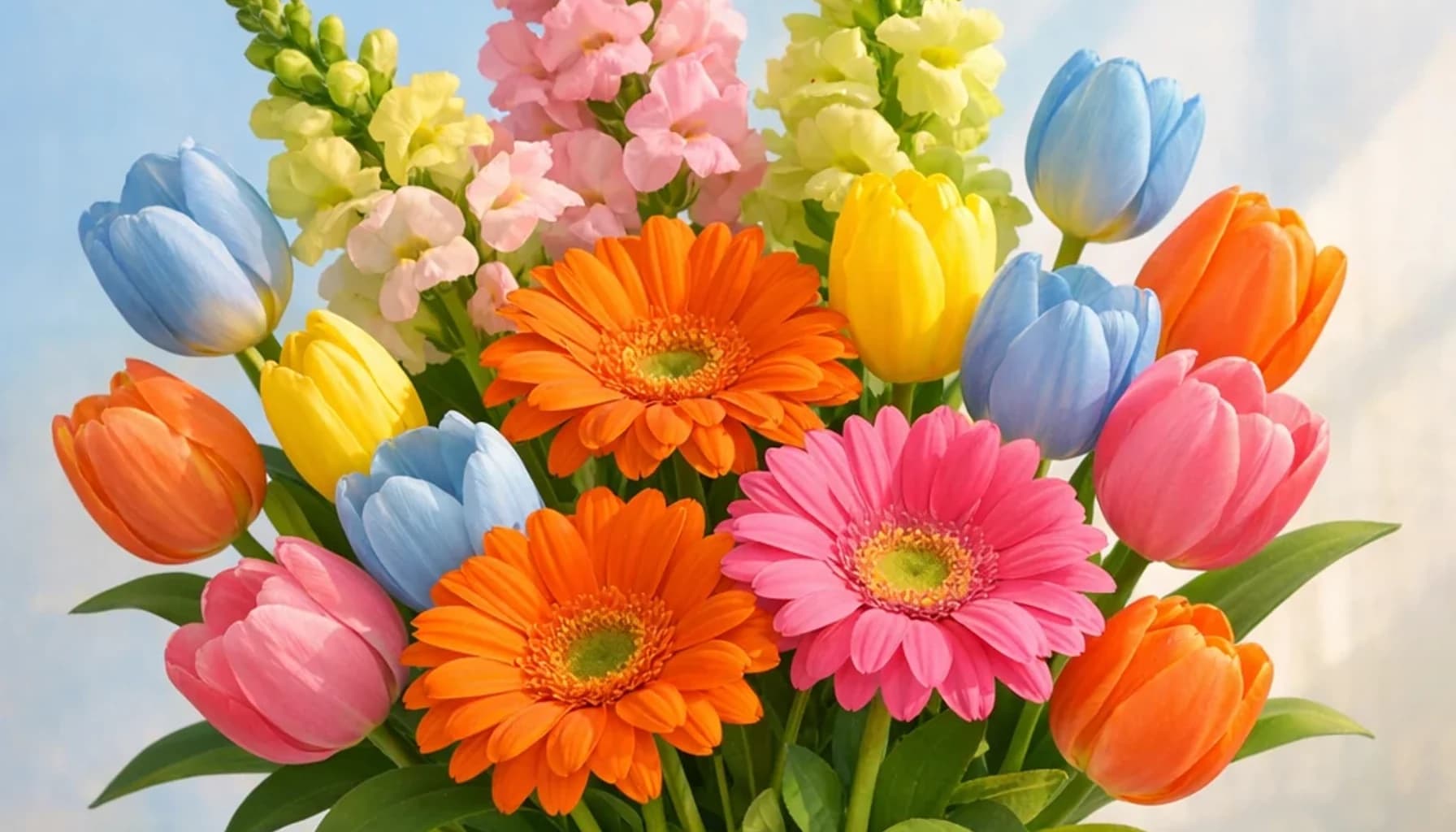 World Children's Day flower guide banner featuring gerbera daisies, tulips, snapdragons in tangerine, pink, sky, lime tones
