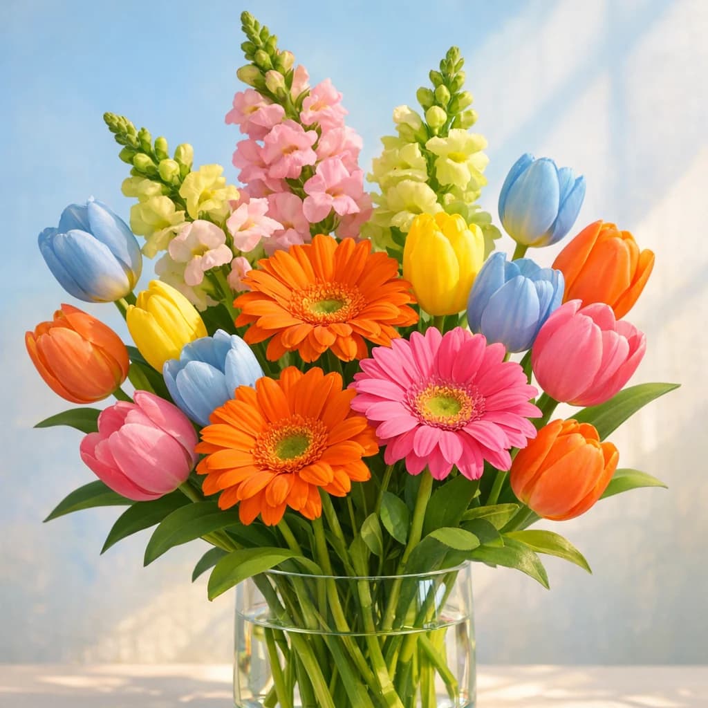 World Children's Day floral calendar still life with gerbera daisies, tulips, snapdragons
