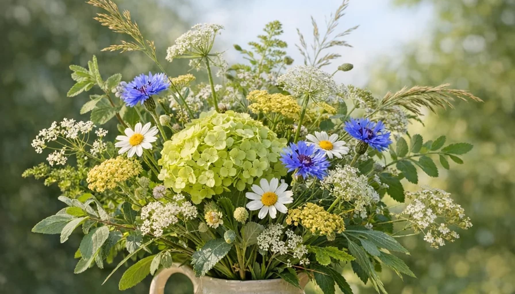 World Cleanup Day flower guide banner featuring seasonal wildflowers, green hydrangea, textural foliage in leaf, moss, sky, clay tones