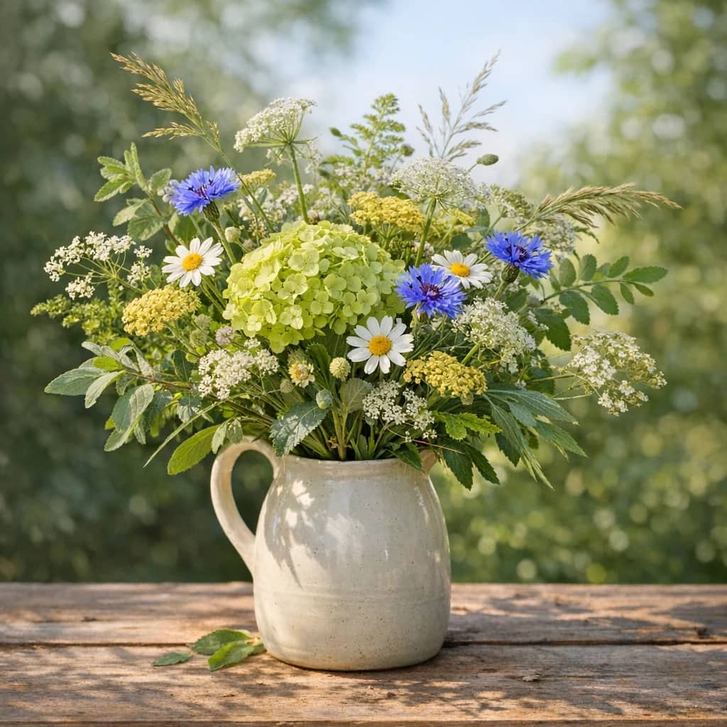 World Cleanup Day floral calendar still life with seasonal wildflowers, green hydrangea, textural foliage