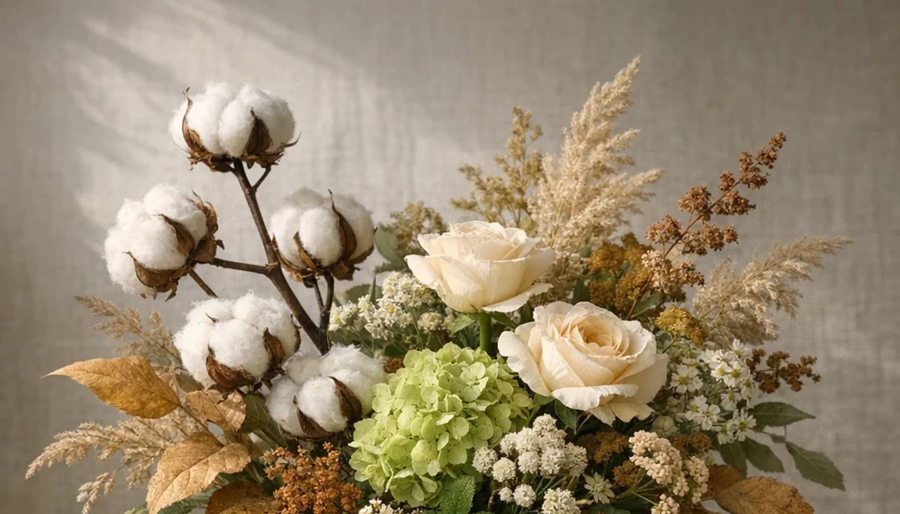 World Cotton Day flower arrangement with seasonal wildflowers, green hydrangea, textural foliage designed as a respectful nature and sustainability floral guide