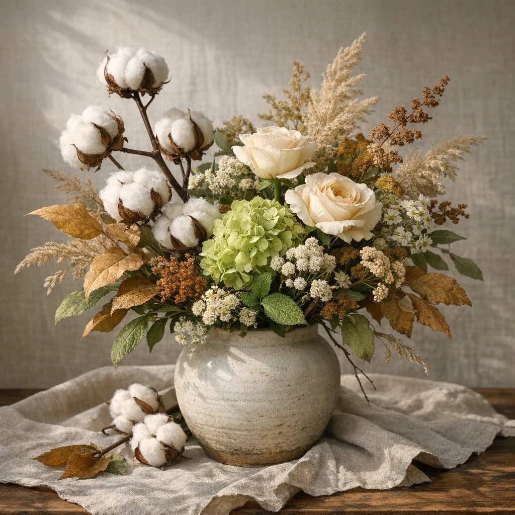 World Cotton Day floral calendar still life with seasonal wildflowers, green hydrangea, textural foliage