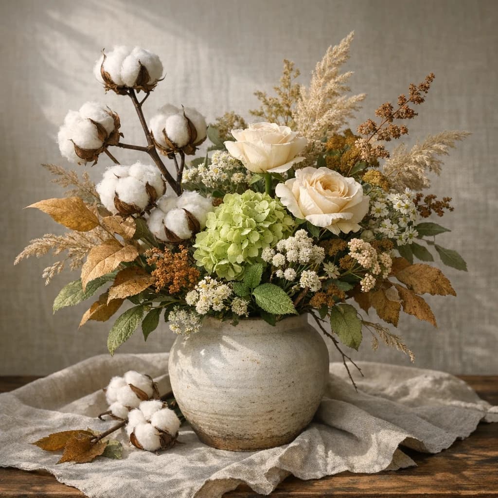 World Cotton Day floral calendar still life with seasonal wildflowers, green hydrangea, textural foliage