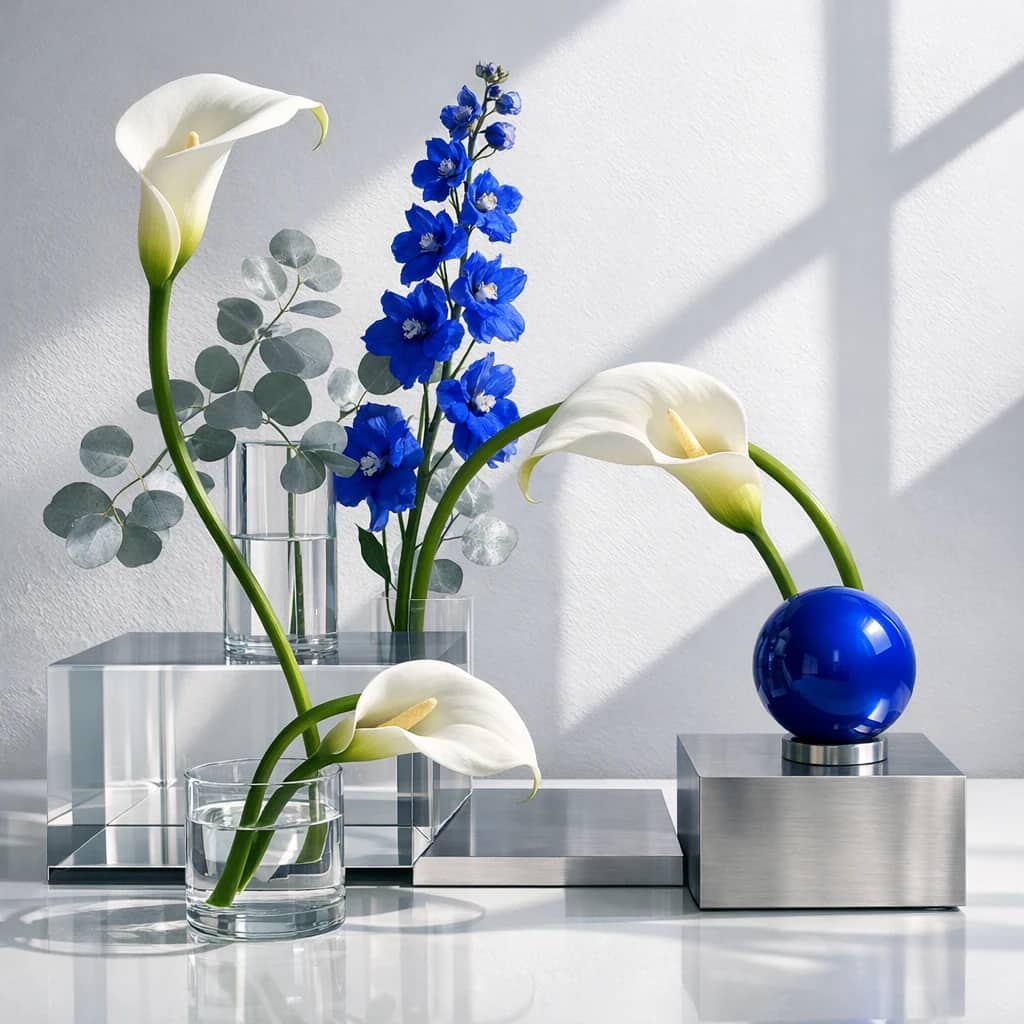 World Creativity and Innovation Day floral calendar still life with white calla lilies, blue delphinium, silver eucalyptus