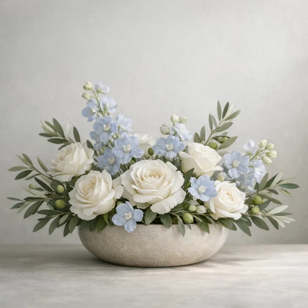 World Day of Social Justice floral calendar still life with white roses, olive branches, pale blue delphinium