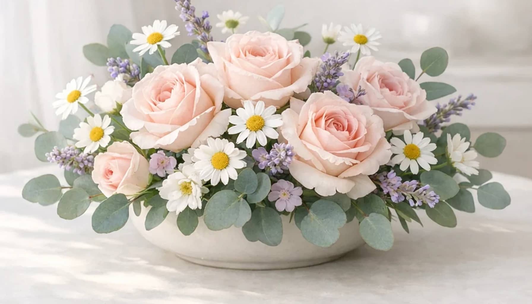 World Diabetes Day flower arrangement with chamomile, soft roses, eucalyptus designed as a respectful health and wellbeing floral guide